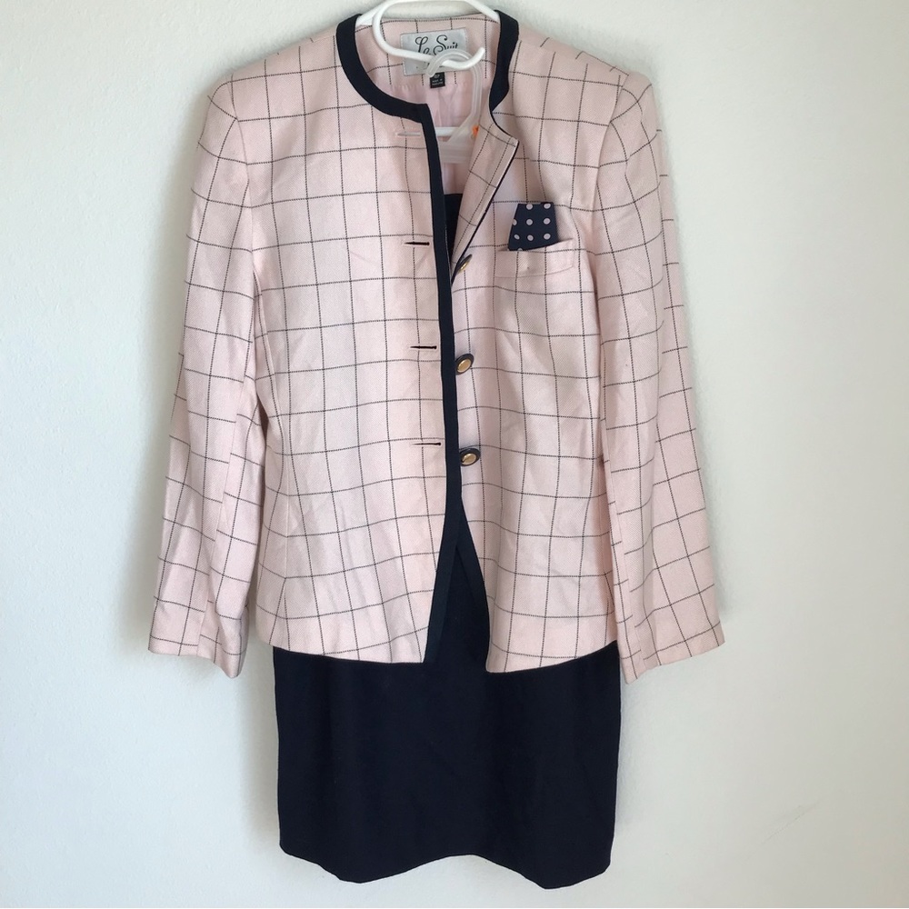 Le Suit Petite Pink Plaid Blazer with Navy Blue Skirt size 4P